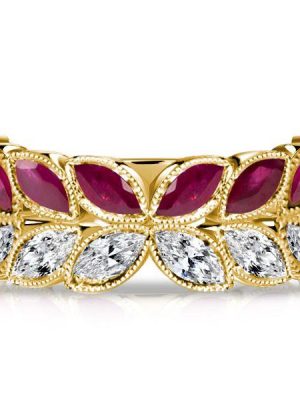 Ruby Ring Marquise Cut Vintage Leaf 18K Gold Plated Sterling Silver Wedding Band