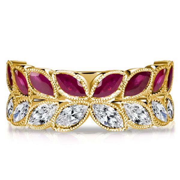 Ruby Ring Marquise Cut Vintage Leaf 18K Gold Plated Sterling Silver Wedding Band