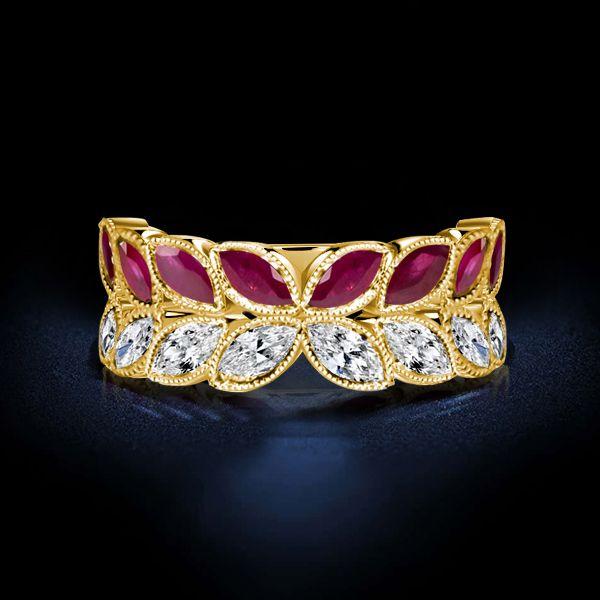 Ruby Ring Marquise Cut Vintage Leaf 18K Gold Plated Sterling Silver Wedding Band