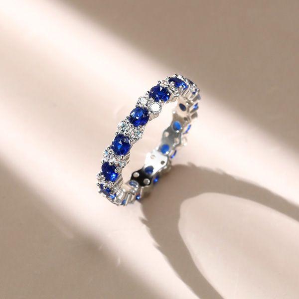 Blue Sapphire Eternity Ring - 925 Sterling Silver Round Cut Band