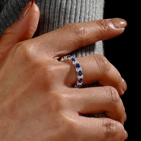 Blue Sapphire Eternity Ring - 925 Sterling Silver Round Cut Band