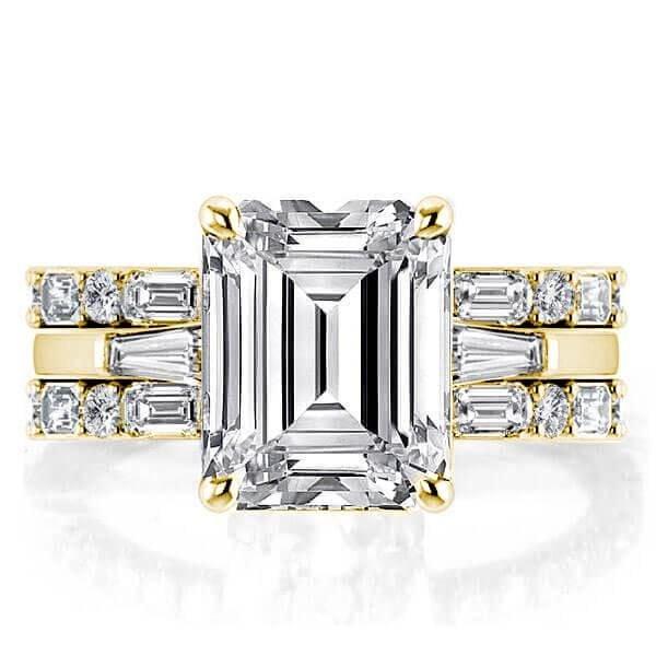 Classic Three Stone Emerald Cut Wedding Ring Set, 18K Gold Plated Sterling Silver