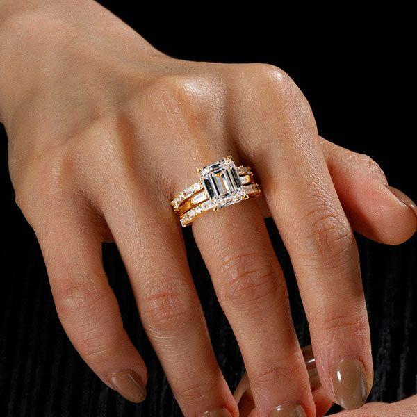 Classic Three Stone Emerald Cut Wedding Ring Set, 18K Gold Plated Sterling Silver