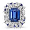 Emerald Cut Blue Sapphire Statement Ring in Rhodium Plated Sterling Silver