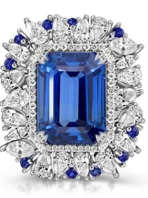 Emerald Cut Blue Sapphire Statement Ring in Rhodium Plated Sterling Silver