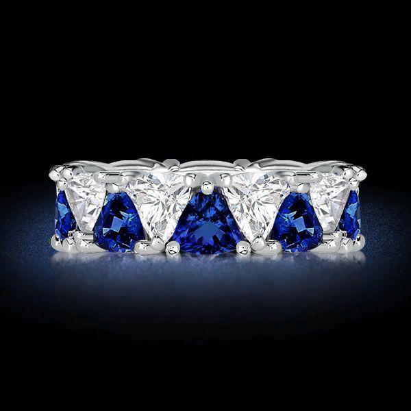 Blue & White Sapphire Triangle Eternity Band in Sterling Silver