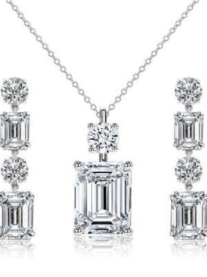Emerald Cut White Sapphire Necklace and Drop Earrings Jewelry Set in Rhodium-Plated Sterling Silver