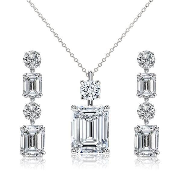 Emerald Cut White Sapphire Necklace and Drop Earrings Jewelry Set in Rhodium-Plated Sterling Silver