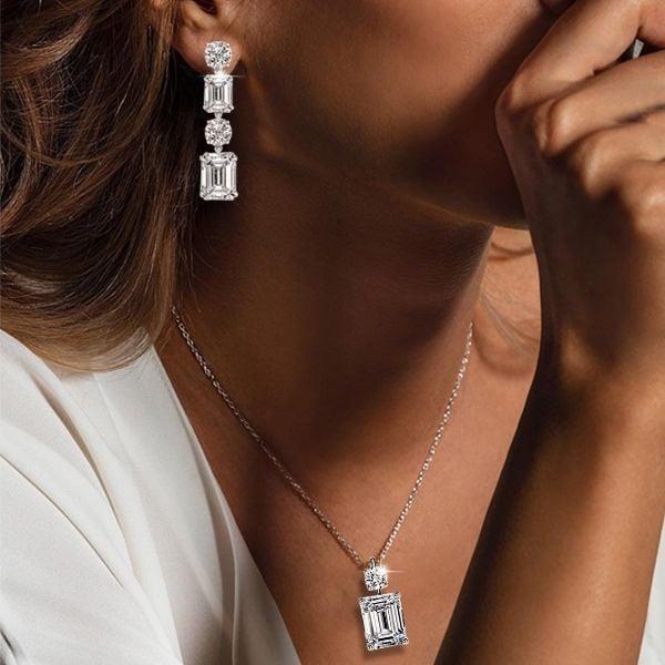 Emerald Cut White Sapphire Necklace and Drop Earrings Jewelry Set in Rhodium-Plated Sterling Silver