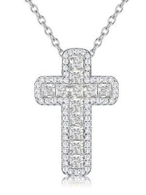 Halo Cushion Cut Cross Necklace - Sterling Silver with Cubic Zirconia