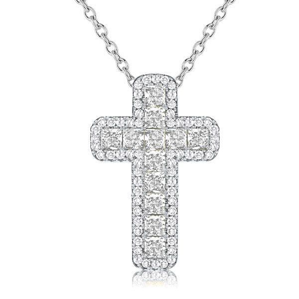 Halo Cushion Cut Cross Necklace - Sterling Silver with Cubic Zirconia
