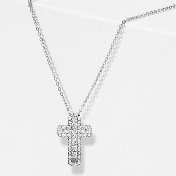Halo Cushion Cut Cross Necklace - Sterling Silver with Cubic Zirconia