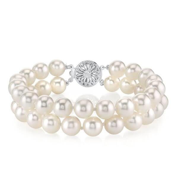 Double Row Natural White Pearl Bracelet | 925 Sterling Silver with Rhodium Finish