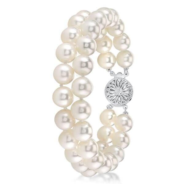 Double Row Natural White Pearl Bracelet | 925 Sterling Silver with Rhodium Finish