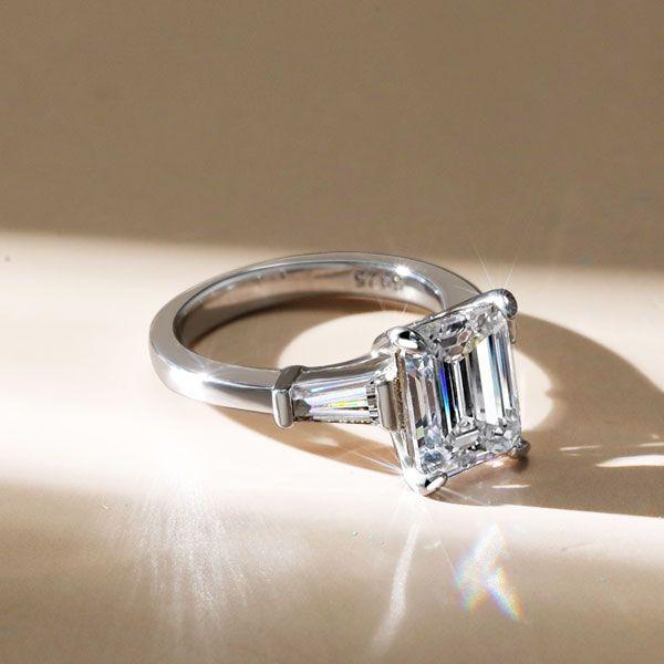 Emerald & White Sapphire Sterling Silver Three Stone Engagement Ring