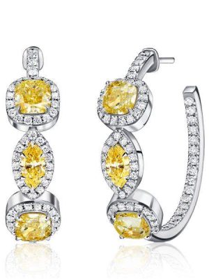 Yellow Topaz & Sapphire Halo Hoop Earrings - Sterling Silver