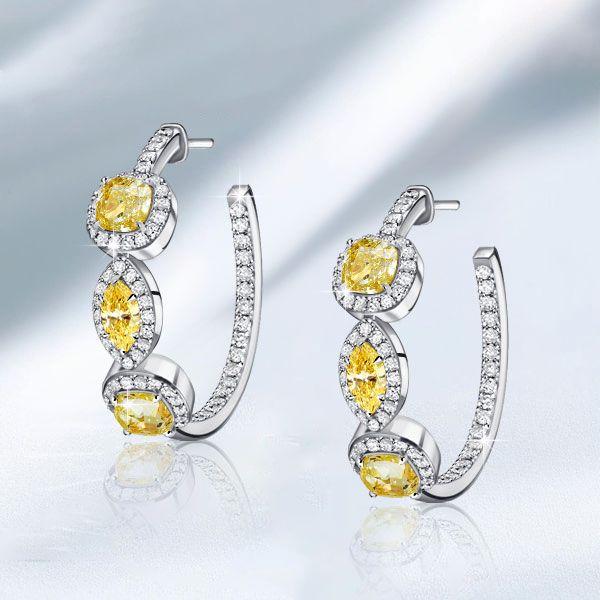 Yellow Topaz & Sapphire Halo Hoop Earrings - Sterling Silver