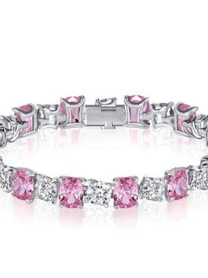 Cushion Cut White & Pink Stone 925 Sterling Silver Bracelet - Wedding Jewelry
