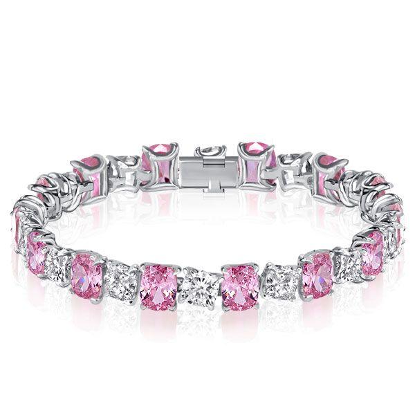Cushion Cut White & Pink Stone 925 Sterling Silver Bracelet - Wedding Jewelry