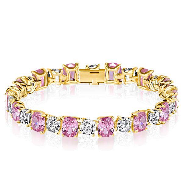 Cushion Cut White & Pink Stone 925 Sterling Silver Bracelet - Wedding Jewelry
