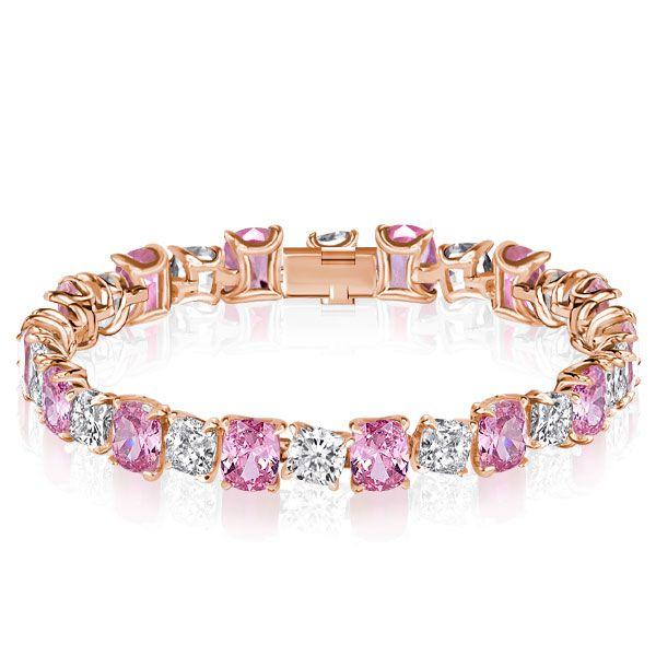 Cushion Cut White & Pink Stone 925 Sterling Silver Bracelet - Wedding Jewelry