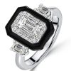 Two Tone Emerald Cut Halo Three Stone Engagement Ring in Sterling Silver with Black Plating
