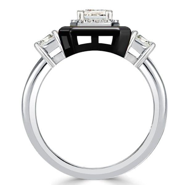 Two Tone Emerald Cut Halo Three Stone Engagement Ring in Sterling Silver with Black Plating