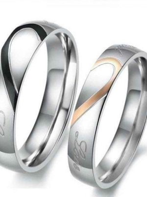 Two-Tone Titanium Steel Heart Couple Rings - Silver, Black & Rose Gold