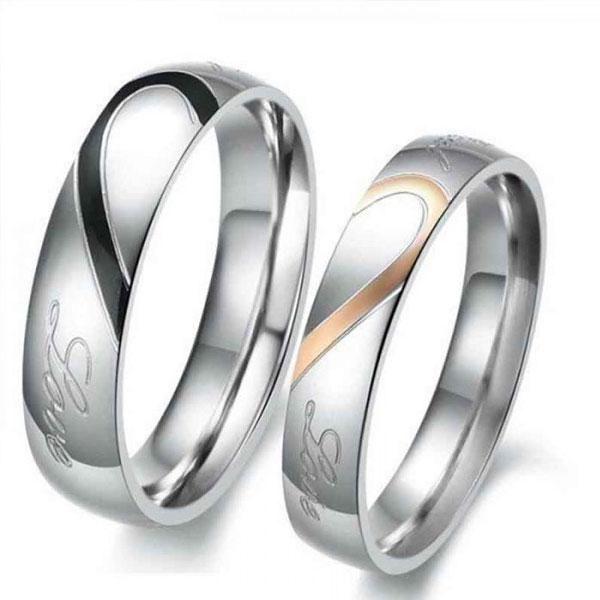 Two-Tone Titanium Steel Heart Couple Rings - Silver, Black & Rose Gold