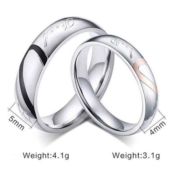 Two-Tone Titanium Steel Heart Couple Rings - Silver, Black & Rose Gold