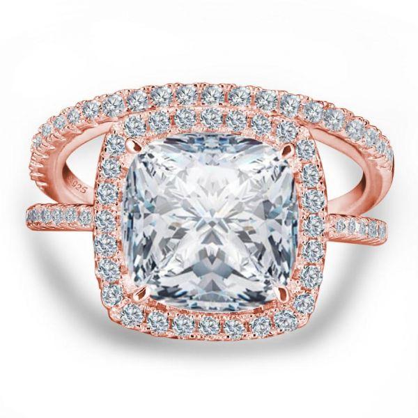 Rose Gold Halo Cushion Cut White Sapphire Bridal Ring Set in Sterling Silver