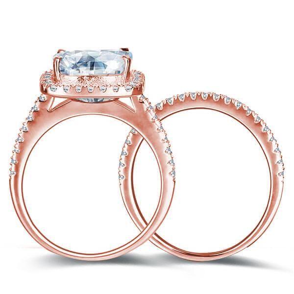 Rose Gold Halo Cushion Cut White Sapphire Bridal Ring Set in Sterling Silver