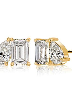 Emerald & Pear Toi Et Moi Stud Earrings - 18K Gold Plated Sterling Silver