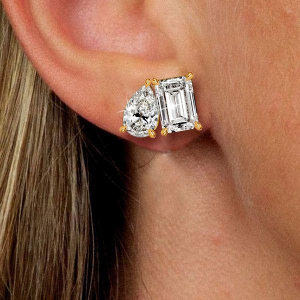 Emerald & Pear Toi Et Moi Stud Earrings - 18K Gold Plated Sterling Silver
