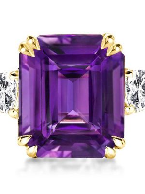 Emerald Cut Amethyst Engagement Ring - Three Stone 18K Gold Plated Sterling Silver