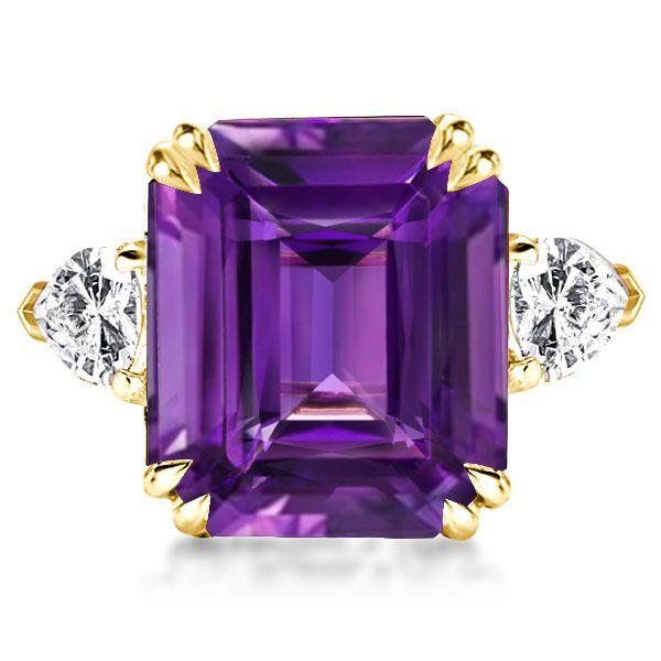 Emerald Cut Amethyst Engagement Ring - Three Stone 18K Gold Plated Sterling Silver