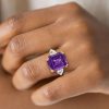Emerald Cut Amethyst Engagement Ring - Three Stone 18K Gold Plated Sterling Silver