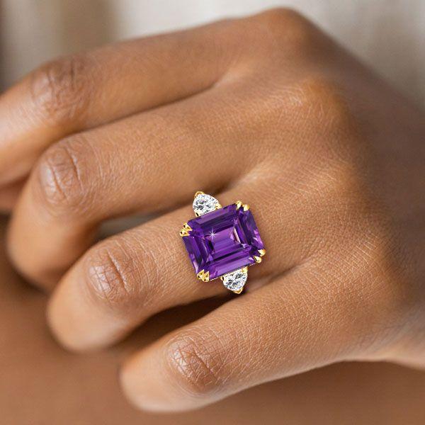 Emerald Cut Amethyst Engagement Ring - Three Stone 18K Gold Plated Sterling Silver