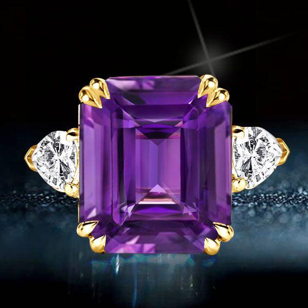 Emerald Cut Amethyst Engagement Ring - Three Stone 18K Gold Plated Sterling Silver