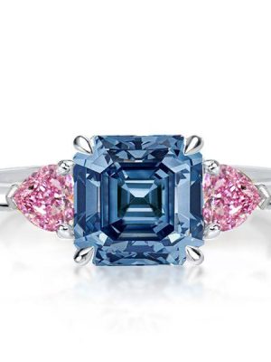 Blue Topaz Three Stone Engagement Ring - Asscher & Heart Cut - Sterling Silver