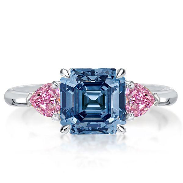 Blue Topaz Three Stone Engagement Ring - Asscher & Heart Cut - Sterling Silver