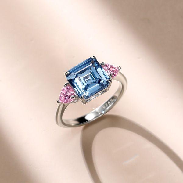 Blue Topaz Three Stone Engagement Ring - Asscher & Heart Cut - Sterling Silver