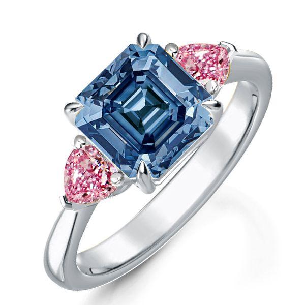Blue Topaz Three Stone Engagement Ring - Asscher & Heart Cut - Sterling Silver