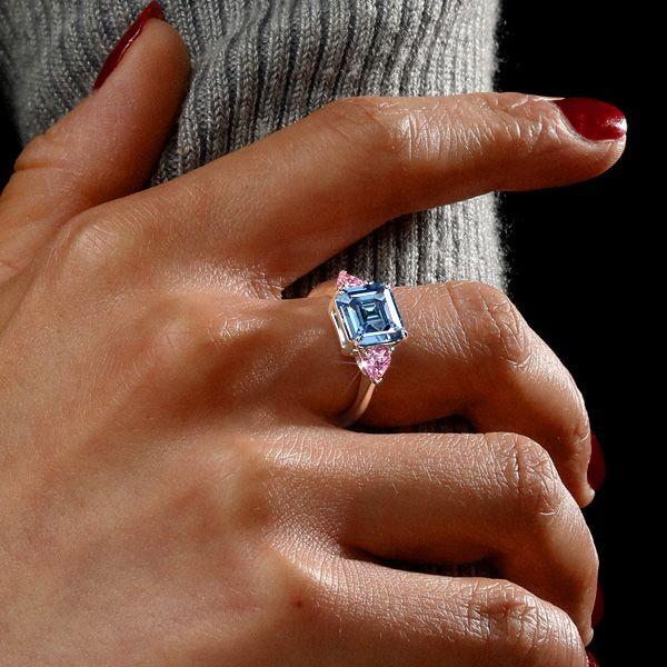 Blue Topaz Three Stone Engagement Ring - Asscher & Heart Cut - Sterling Silver