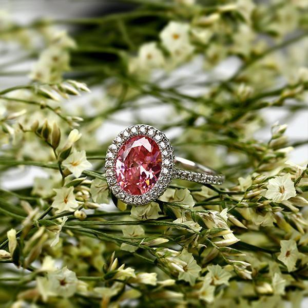 Pink Sapphire Halo Engagement Ring - Sterling Silver