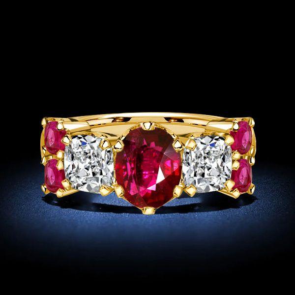 Cushion Cut Ruby Half Eternity Wedding Band in 18K Gold Plated Sterling Silver