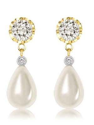 Pearl Drop Earrings with White Sapphire Accents - 18K Gold Plated Sterling Silver