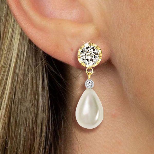 Pearl Drop Earrings with White Sapphire Accents - 18K Gold Plated Sterling Silver