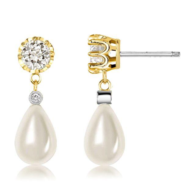 Pearl Drop Earrings with White Sapphire Accents - 18K Gold Plated Sterling Silver