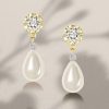 Pearl Drop Earrings with White Sapphire Accents - 18K Gold Plated Sterling Silver